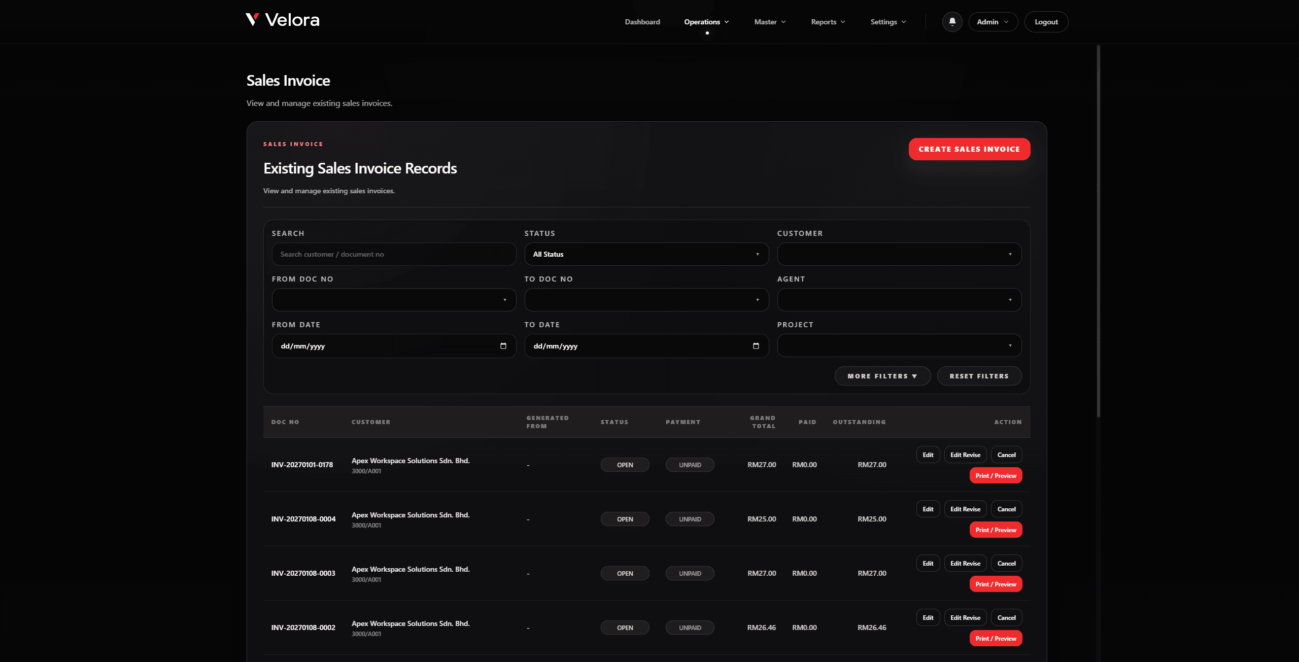 Velora sales invoice creation screen