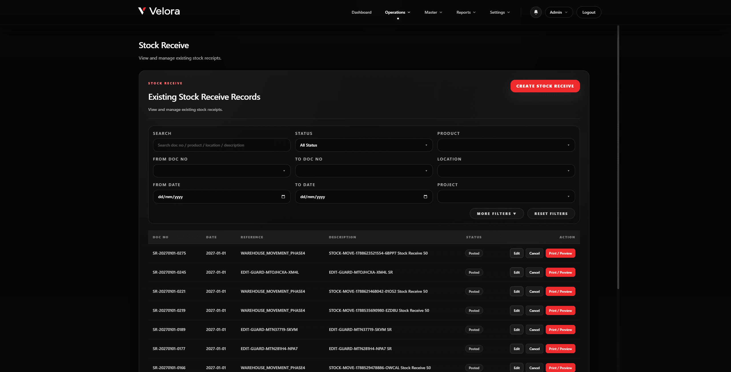 Velora stock management screen showing inventory records